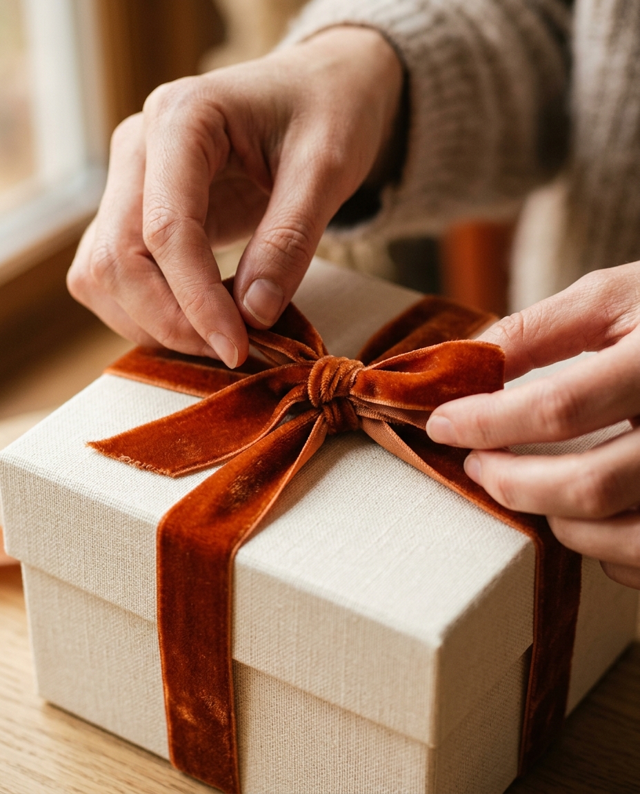 Meticulous artisan hands wrapping a luxury box with a velvet burnt orange ribbon