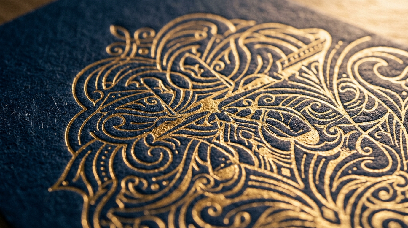Intricate gold foil stamping detail on rich navy stock under warm studio light