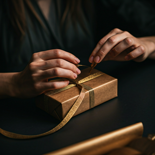 Hands wrapping a customized corporate keepsake with textured artisan paper