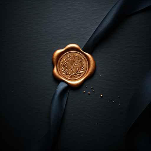 Close-up editorial view of premium textured wrapping materials and a signature gold seal