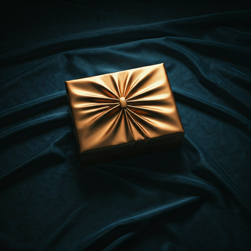 Luxurious gold wrapped gift box on deeply textured navy velvet under dramatic moody lighting