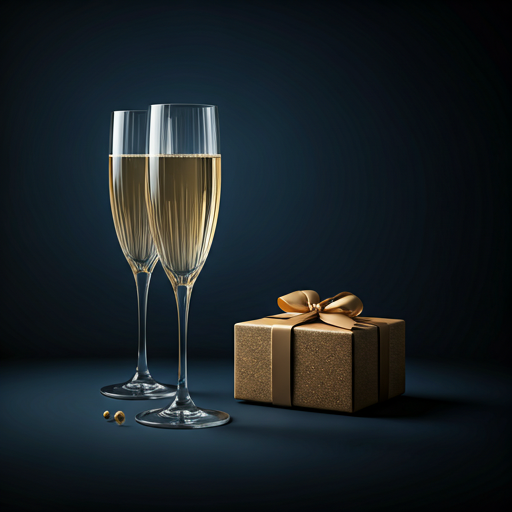 Elegant celebratory crystal flutes and gift box resting on deeply textured navy background