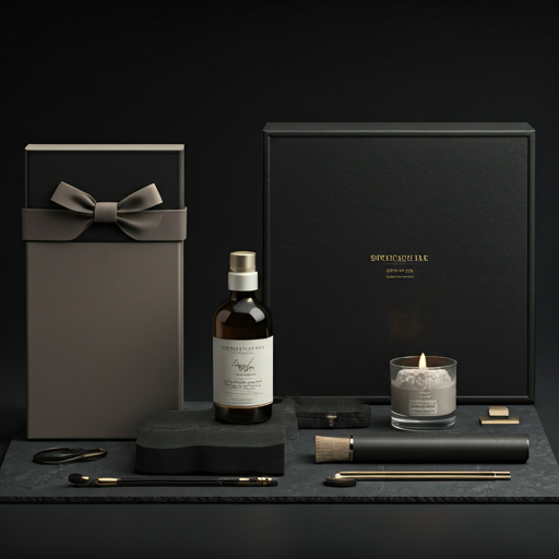 Curated lifestyle item collection styled on a sleek charcoal stone slab